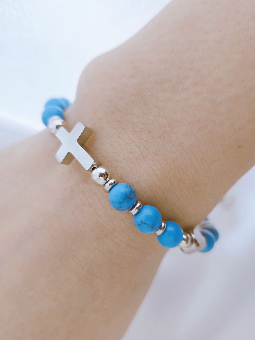 Turquoise Bead Bracelet w/ Cross Charm , Silver-Plated Stainless Steel